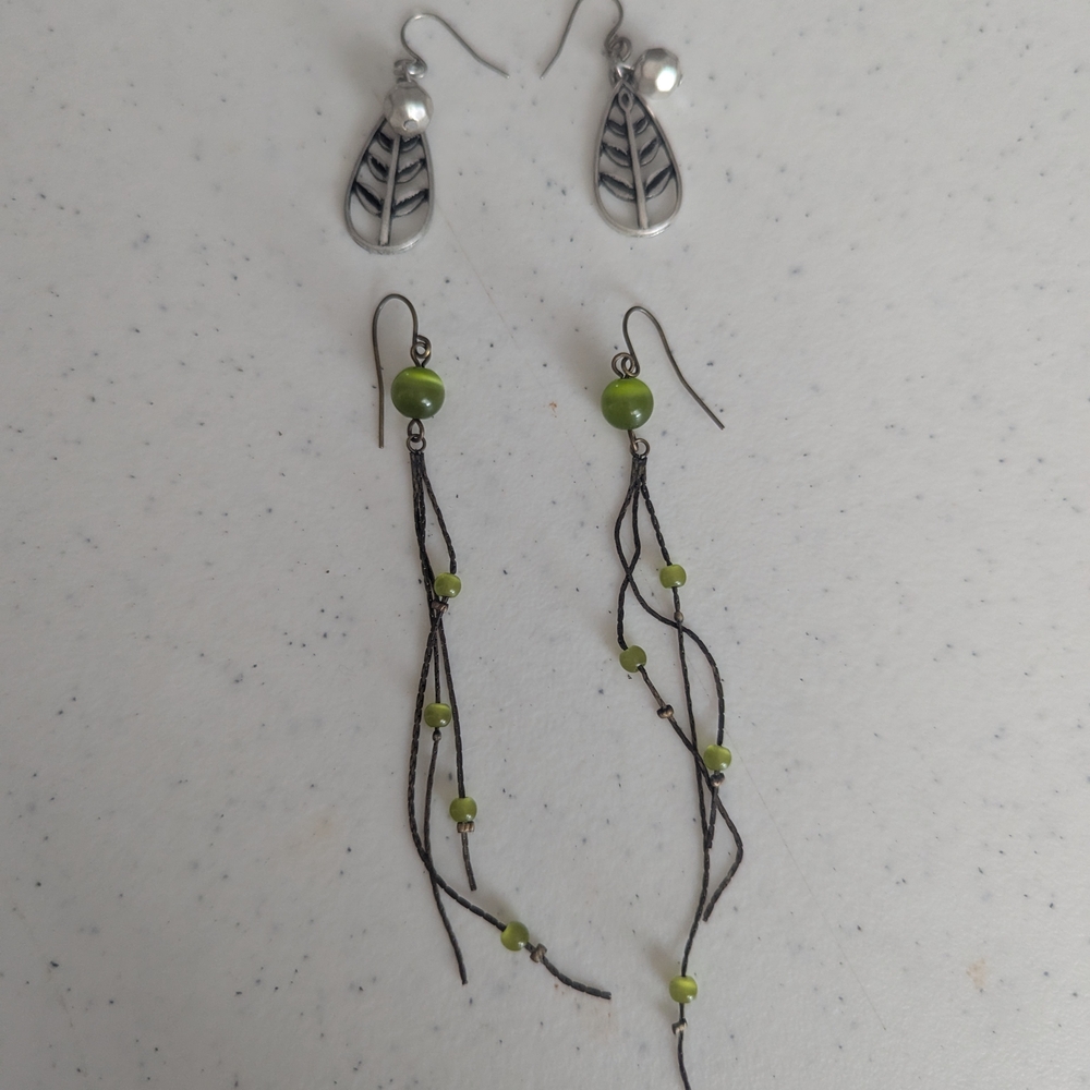 Boho Green and Silver Dangly Earrings
